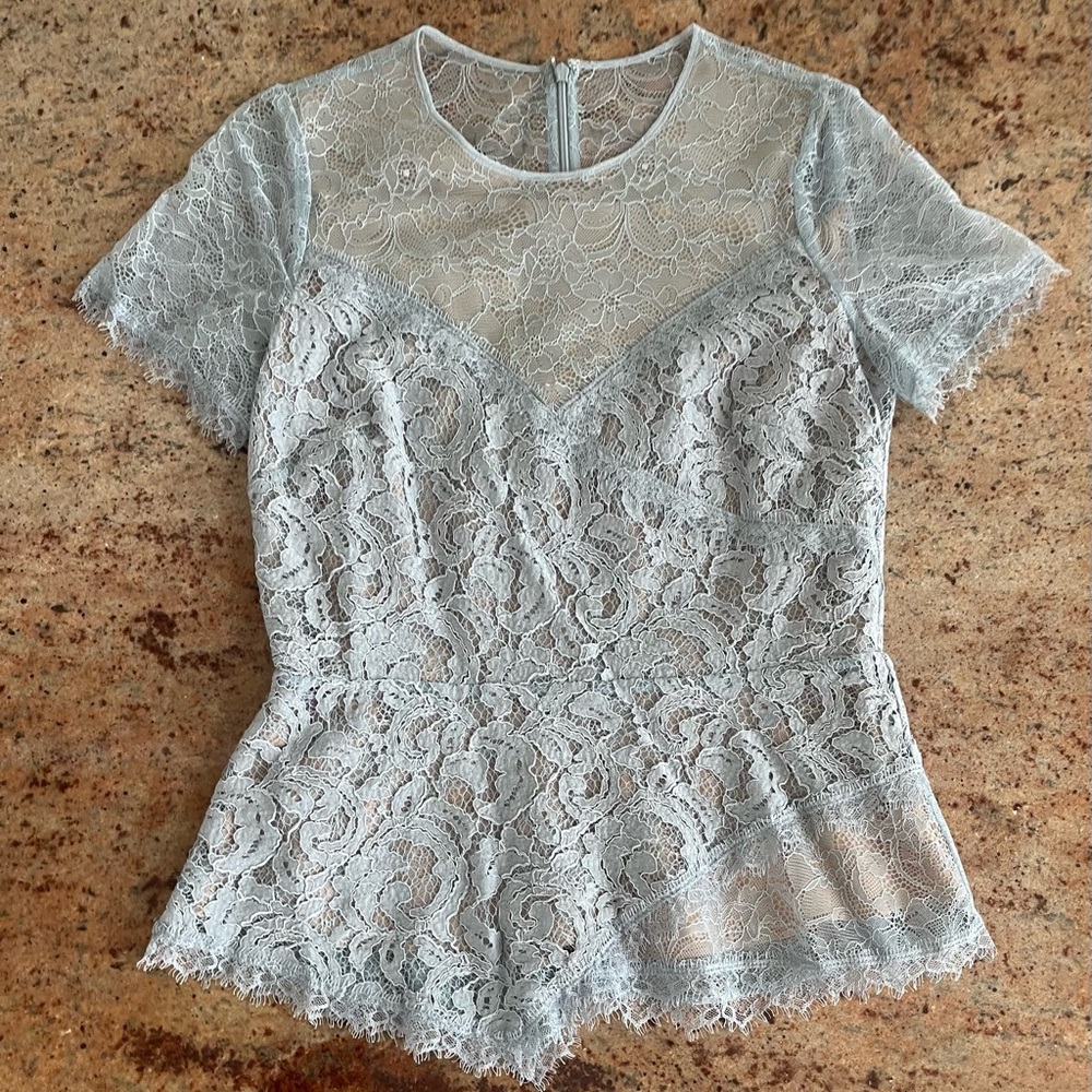 BCBG Maxazria blue lace peplum shirt (M)